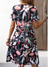 Floral Print Pocket Black Short Sleeve Round Neck Dress