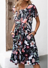 Floral Print Pocket Black Short Sleeve Round Neck Dress