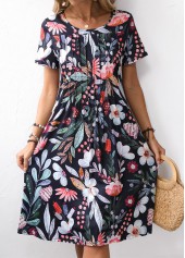 Floral Print Pocket Black Short Sleeve Round Neck Dress