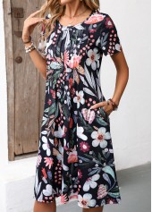 Floral Print Pocket Black Short Sleeve Round Neck Dress