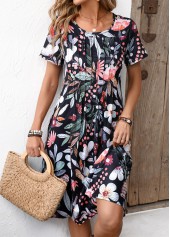 Floral Print Pocket Black Short Sleeve Round Neck Dress