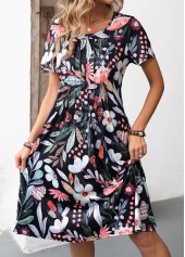 Floral Print Pocket Black Short Sleeve Round Neck Dress