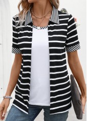 Striped Fake 2in1 Black Short Sleeve T Shirt