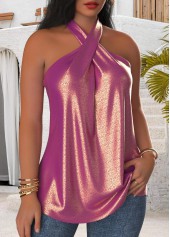 Shinning Dark Reddish Purple Sleeveless Cross Collar Tank Top