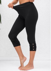 Ruched Black Elastic Waist High Waisted Capri Leggings