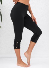 Ruched Black Elastic Waist High Waisted Capri Leggings
