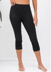 Ruched Black Elastic Waist High Waisted Capri Leggings