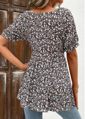 Ditsy Floral Print Ruched Black Short Sleeve Blouse