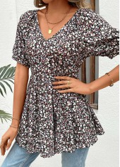 Ditsy Floral Print Ruched Black Short Sleeve Blouse