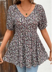 Ditsy Floral Print Ruched Black Short Sleeve Blouse