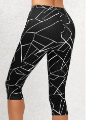 Geometric Print Black Elastic Waist High Waisted Capri Leggings