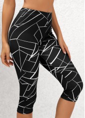 Geometric Print Black Elastic Waist High Waisted Capri Leggings