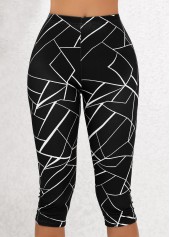 Geometric Print Black Elastic Waist High Waisted Capri Leggings