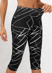 Geometric Print Black Elastic Waist High Waisted Capri Leggings