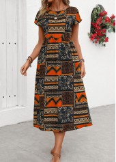 Tribal Print Pocket Orange Short Sleeve Round Neck Dress