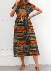 Tribal Print Pocket Orange Short Sleeve Round Neck Dress