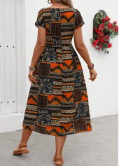 Tribal Print Pocket Orange Short Sleeve Round Neck Dress