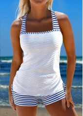 Striped Patchwork Blue Jacquard Tankini Set