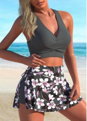 Floral Print Tie Dark Grey Bikini Set