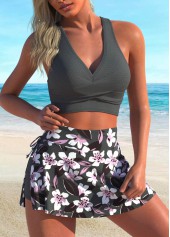 Floral Print Tie Dark Grey Bikini Set