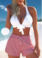 Striped Criss Cross White Bikini Set