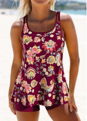 Random Floral Print Lightweight Dark Reddish Purple Tankini Set