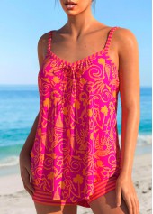 Graffiti Print Bowknot Hot Pink Tankini Set