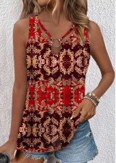 Tribal Print Cut Out Red Sleeveless Tank Top