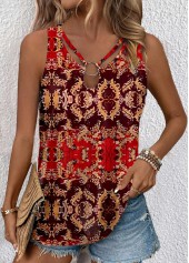 Tribal Print Cut Out Red Sleeveless Tank Top