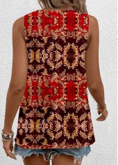 Tribal Print Cut Out Red Sleeveless Tank Top