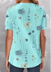 Floral Print Patchwork Cyan Short Sleeve V Neck Blouse