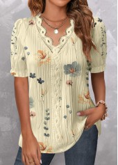 Floral Print Patchwork Light Yellow Short Sleeve Blouse