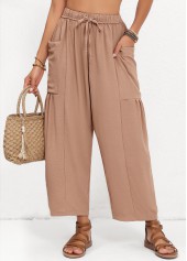 Light Coffee Elastic Waist Pocket High Waisted Pants