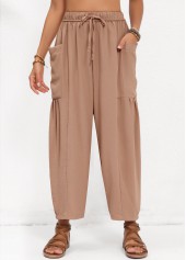 Light Coffee Elastic Waist Pocket High Waisted Pants