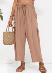 Light Coffee Elastic Waist Pocket High Waisted Pants