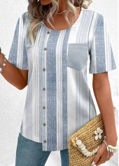 Multi Stripe Print Asymmetry Dusty Blue Short Sleeve Blouse