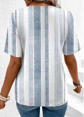 Multi Stripe Print Asymmetry Dusty Blue Short Sleeve Blouse