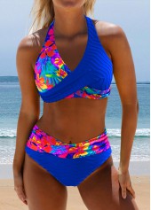 Floral Print Surplice Royal Blue Bikini Set