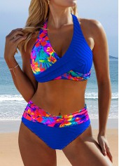Floral Print Surplice Royal Blue Bikini Set