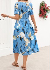 Floral Print Pleated Light Blue Short Sleeve Dress