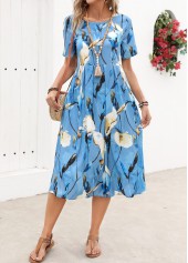 Floral Print Pleated Light Blue Short Sleeve Dress