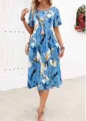 Floral Print Pleated Light Blue Short Sleeve Dress