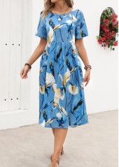 Floral Print Pleated Light Blue Short Sleeve Dress