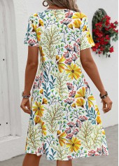 Floral Print Pocket Yellow Short Sleeve Round Neck Dress