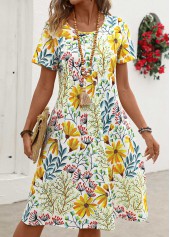 Floral Print Pocket Yellow Short Sleeve Round Neck Dress