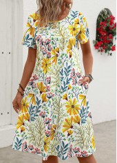 Floral Print Pocket Yellow Short Sleeve Round Neck Dress