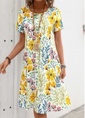 Floral Print Pocket Yellow Short Sleeve Round Neck Dress