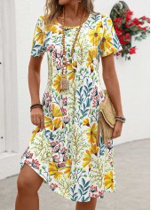 Floral Print Pocket Yellow Short Sleeve Round Neck Dress