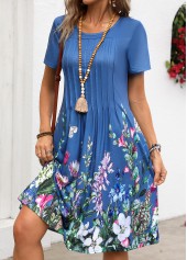 Floral Print Tuck Stitch Denim Blue Short Sleeve Dress