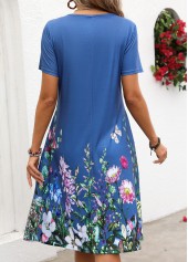 Floral Print Tuck Stitch Denim Blue Short Sleeve Dress